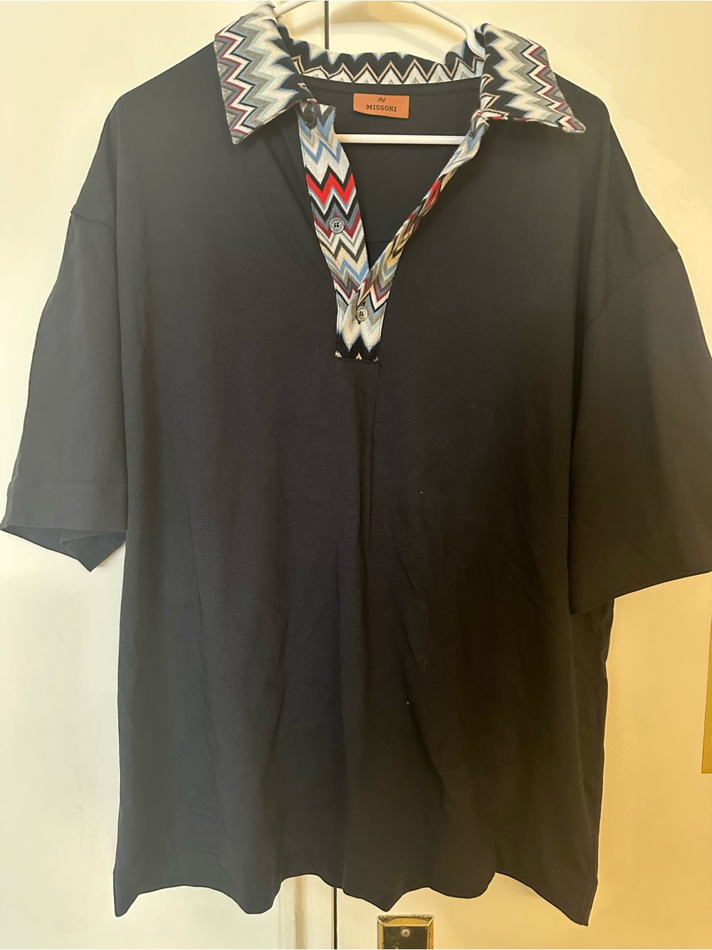 Men’s Missoni Black Polo with Multicolor Zigzag Collar
